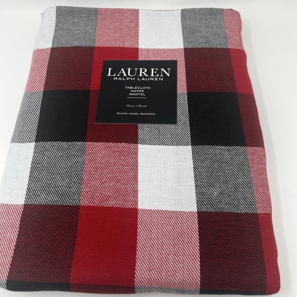 Ralph Lauren 70" Round Tablecloth Red Black Plaid Buffalo Check NWT Cotton Blend